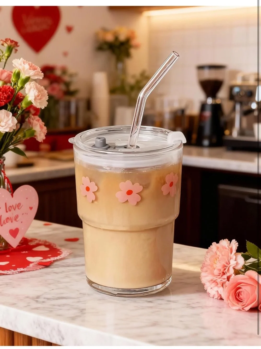 13oz Reusable Glass Tumbler with Pink Flower Accents and Lid